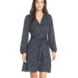 Adrianna Pappell Black Long Sleeve Wrap Dress Leaf Print Blue White Tie Waist 4P